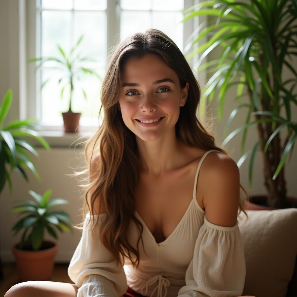 Indoor setting featuring an attractive girl. She is smiling and surrounded by plants. Soft natural light from a window enhances the warm atmosphere.