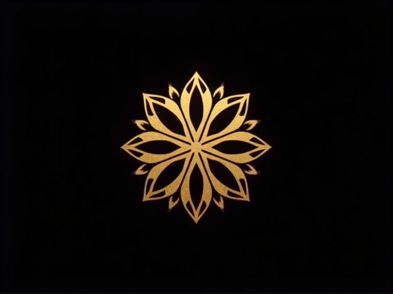Create a golden blooming logo for a luxury hotel in an all black background. Design features intricate petal shapes forming a symmetrical pattern.