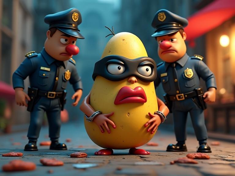 3D digital cartoon style artwork of a potato thief being arrested. The potato looks angry and sad wearing a burglar mask. Two serious police officers are beside it. Scattered around are stolen paintings. A night café is in the background. The scene is vibrant and exaggerated with a witty and funny atmosphere.