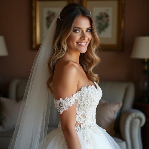 Elegant bride smiles beautifully in a stunning wedding dress with flirty and sultry touch. Backdrop features soft seating and warm lighting enhancing the bridal elegance.