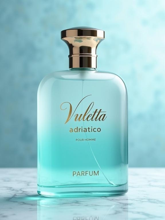Luxurious photo-realistic image of a perfume bottle. Frosted gradient aquamarine and turquoise design. Label reads 'VULETTA' at the top, 'ADRIATICO' in flowing script beneath, and 'POUR HOMME' in refined font below. 'PARFUM' in gold foil at the bottom. Pale aquamarine liquid inside glows softly. Clean modern style with textured light blue background and soft directional lighting on marble surface.