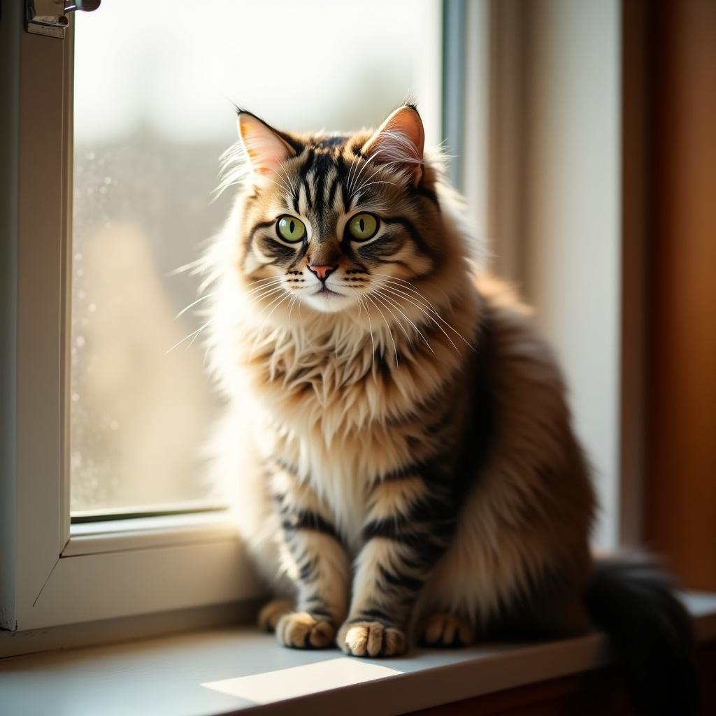 A fluffy domestic cat sitting on a windowsill. The cat has striking green eyes and a soft coat. Natural light filters through the window, enhancing its features.