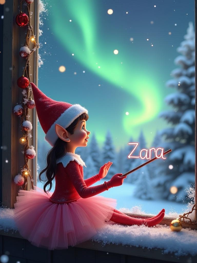 Cheerful elf sitting by a window during winter. Gazing at northern lights. Holding a wand spelling Zara. Excited expression. Window ledge adorned with snow and holiday decorations. Outside snow-covered trees create magical atmosphere. Captures anticipation of Christmas and enchantment of winter. Elf wearing pink tutu.