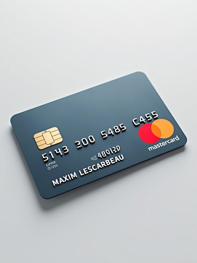 A realistic image of a credit card is shown. Mastercard logo appears prominently. Card number 5191230220875455 is located below the logo. Cardholder's name MAXIM LESCARBEAU is properly aligned. Expiry date 03/2025 is displayed at the bottom. The design is sleek and modern. It represents a standard credit card for financial use.