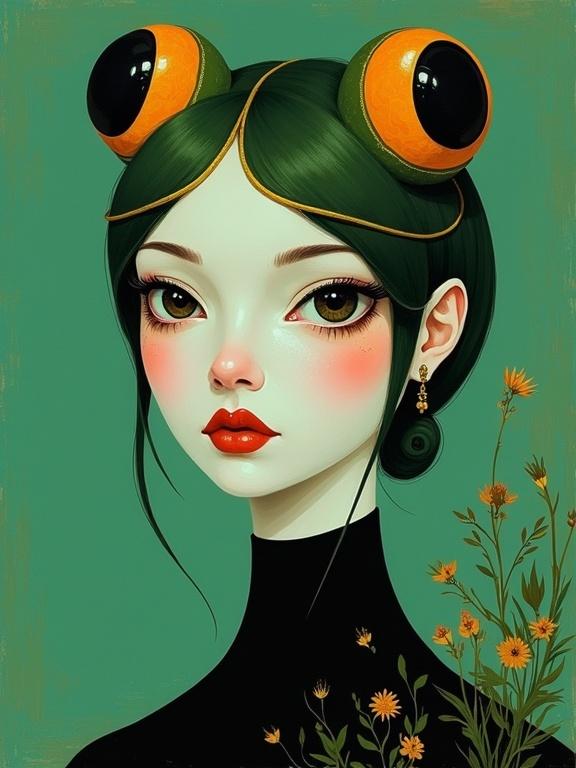 Minimalist style portrait of a frog-woman with vibrant colors. Character features frog-like eye accessories. Simple yet sumptuous design. Includes flowers for added detail. High quality and sharp image.
