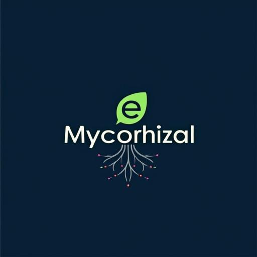 Design modern logo for a tech company focused on energy grids. Include a simple leaf icon with the letter 'e' cut out centered, placed left of the text 'Mycorrhizal.' The 'e' is flat green, 'Mycorrhizal' in flat navy or cobalt blue. Extend thin flat-line root systems from the bottom of 'y' and 'i' in 'Mycorrhizal,' with tiny glowing dots. Visualize organic connectivity resembling neural networks. Use flat color accents in yellow, orange, purple, teal. Ensure clean edges, minimalist style, suitable for dark and light backgrounds.