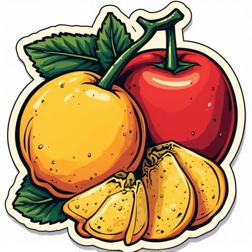 Retro vintage fruit sticker label featuring a yellow orange and red apple with green leaves in a bold, cartoon style.