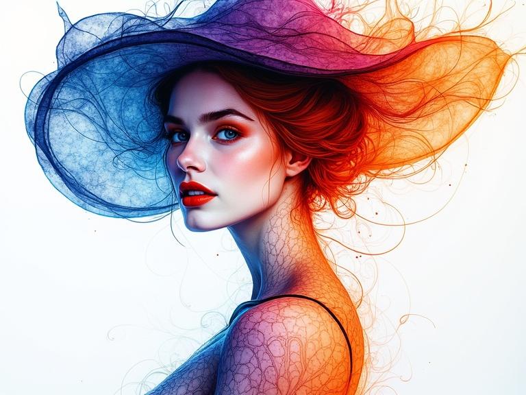 Medium shot of a bikini-clad woman with swirling patterns created from alcohol ink. Artwork showcases blue, purple, and orange inks making an abstract portrait with flowing tendrils. The background is white, enhancing the contrast of colors. The piece conveys elegance and modern artistry with a soft gaze and a quarter-turn pose.