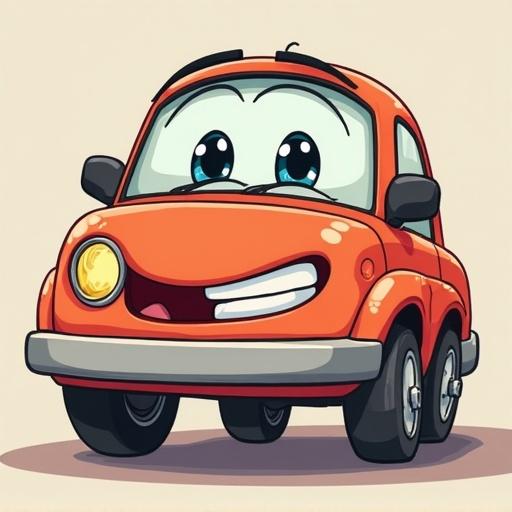 Cartoon style image of a playful and smiling car. The car is orange with big expressive eyes and a friendly appearance. It has a round body and four wheels, giving it a fun and inviting look.