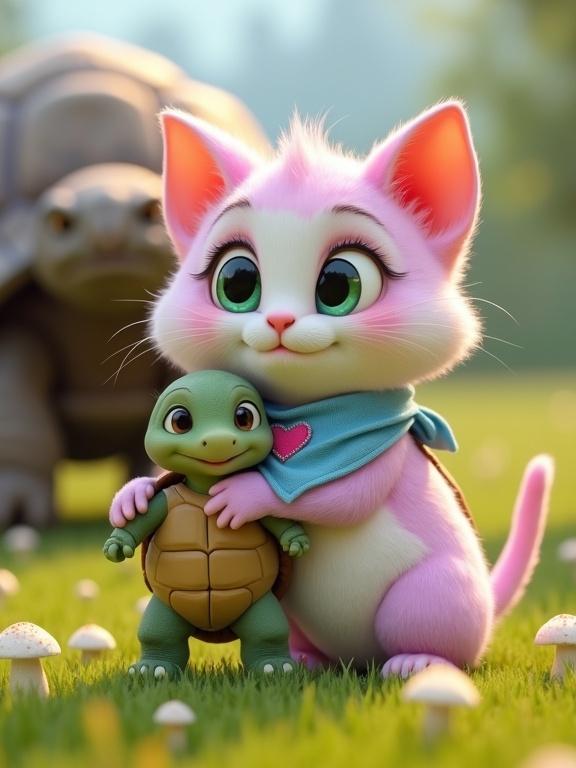 Fluffy anthropomorphic kitten with pastel pink and lavender fur and a creamy white belly. Large expressive green eyes and oversized Pixar-style head. Tiny paws and perky ears wearing a light blue bandana with a stitched pink heart. Happily hugging a small bandaged martial artist turtle. Both smiling in a sunny grassy field with small white mushrooms. Background has a gentle giant tortoise. Warm friendship. Heartwarming Pixar-style.