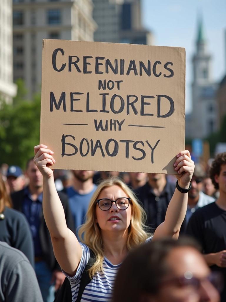 A person holds a large protest sign. The sign has handwritten messages in bold letters. The background shows a crowd of people. The setting is urban. The lighting is bright and natural.