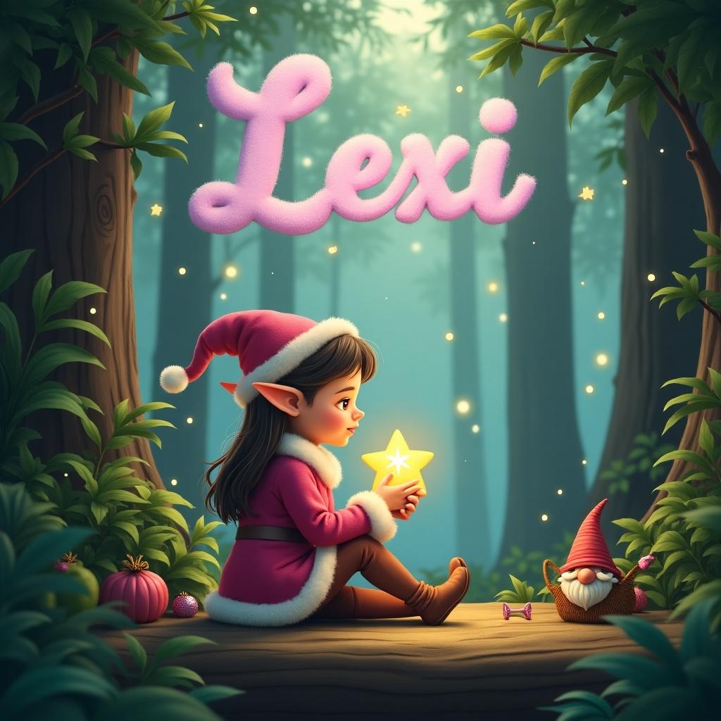 Magic forest scene. Young elf with pointed ears. Stylish pink outfit. Holding glowing star. Surrounded by lush greenery. Tall trees and soft light in background. Whimsical name in cloud letters. Small woodland elements.