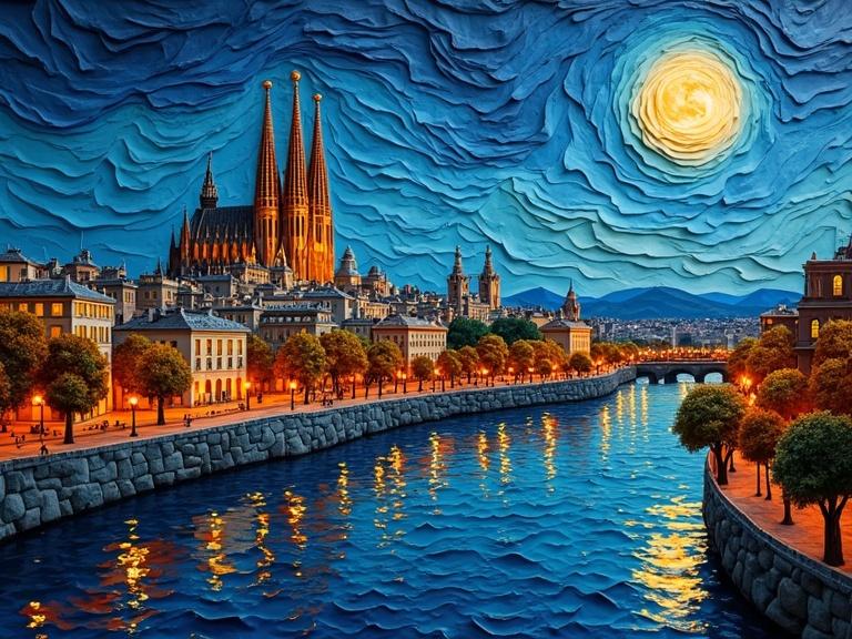 Vibrant 3D origami paper folds create a panoramic view of the Barcelona skyline at night. Sagrada Familia stands tall against a starry sky in Van Gogh style. Textured layers display metallic colors with city lights reflecting in the water. Full moon enhances the scene with soft glows. Urban landscape showcases trees along the riverbank.
