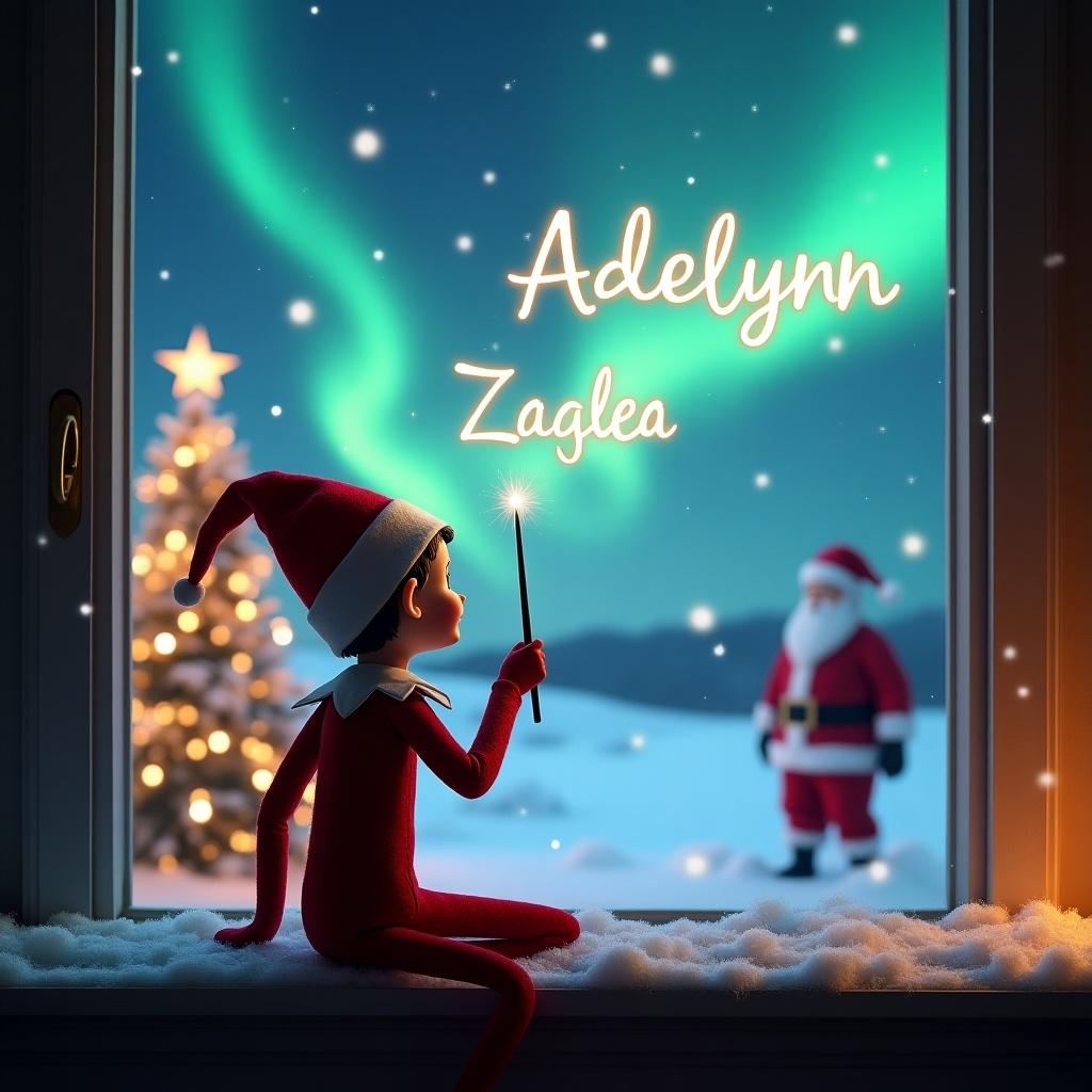 An enchanting Christmas scene features an elf on the shelf with his back to the viewer, gazing up at a magical sky. The elf is using a wand to elegantly write the names 'Azalea' and 'Adelynn' in the air. In the background, the landscape is illuminated by beautiful northern lights and adorned with a Christmas tree sparkling with lights. Santa Claus is visible in the distance, creating a whimsical and festive atmosphere. Snow gently covers the window ledge, adding to the cozy feel of the scene.