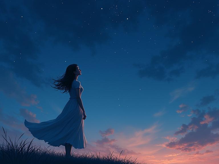 A mother stands alone under the vast starry sky. She makes a heartfelt wish. A gentle breeze brings life to her flowing dress. The stars shimmer vibrantly overhead. The scene captures a moment of hope and serenity.