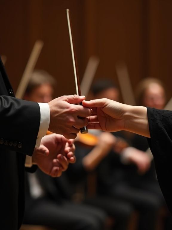 An ultra-realistic photograph captures a ceremony of leadership transfer. A man's hand offers a conductor's baton to a woman's hand. The scene is intimate and focused on the hands. The baton has a cork handle and a white fiberglass shaft. The man's suit is black wool and the woman's dress is silk. The lighting is dramatic with warm tones. Background is a soft bokeh of an orchestra.