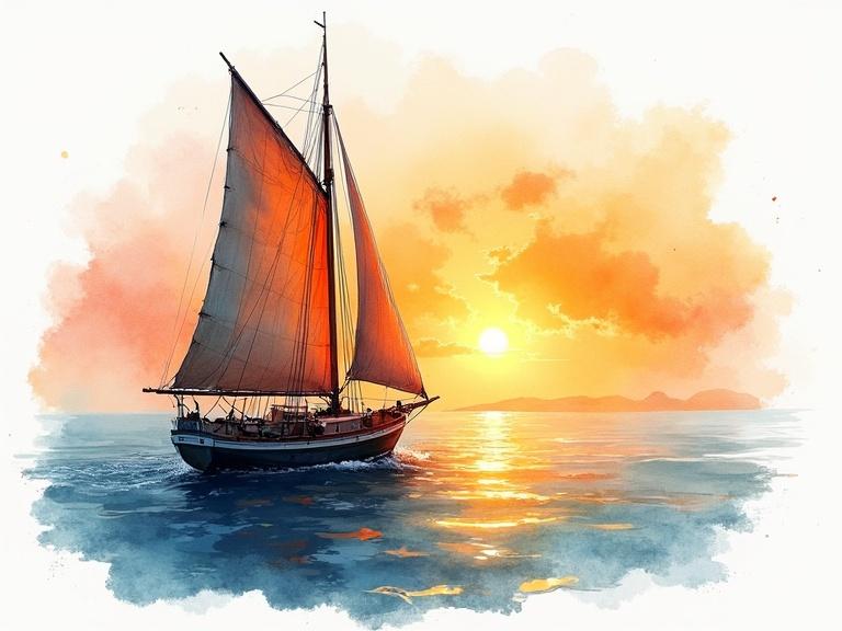 Watercolor splash and ink style. A boat with torn sails gently drifting toward the sunrise.