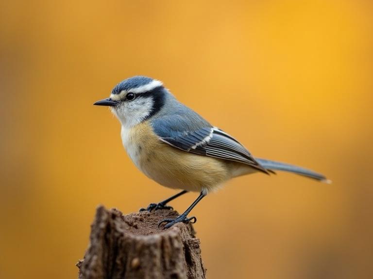 Photograph of a small blue-gray bird on a rough brown branch. Background is a warm golden-brown blur. The bird has light beige underbelly, dark blue-gray upper parts, white stripe above eye, and small black beak. Soft and slightly ruffled feathers. The composition highlights the bird's delicate beauty.