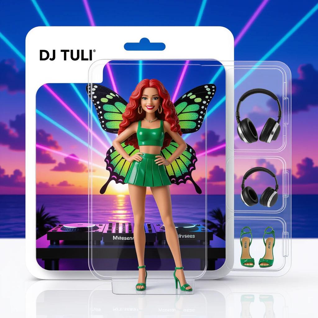 Minimalist professional packaging for DJ TULI. Transparent blister pack shows a collectible figurine. Figurine has tanned skin medium build long curly red hair and a charismatic smile. Dressed in green outfit with butterfly wings. Packaging background features a tropical beach at sunset and nightclub with neon lights. Includes accessories like headphones DJ console microphone. Top has "DJ TULI" logo in silver type. Soft lighting reflections on plastic subtle shadows highlight depth.