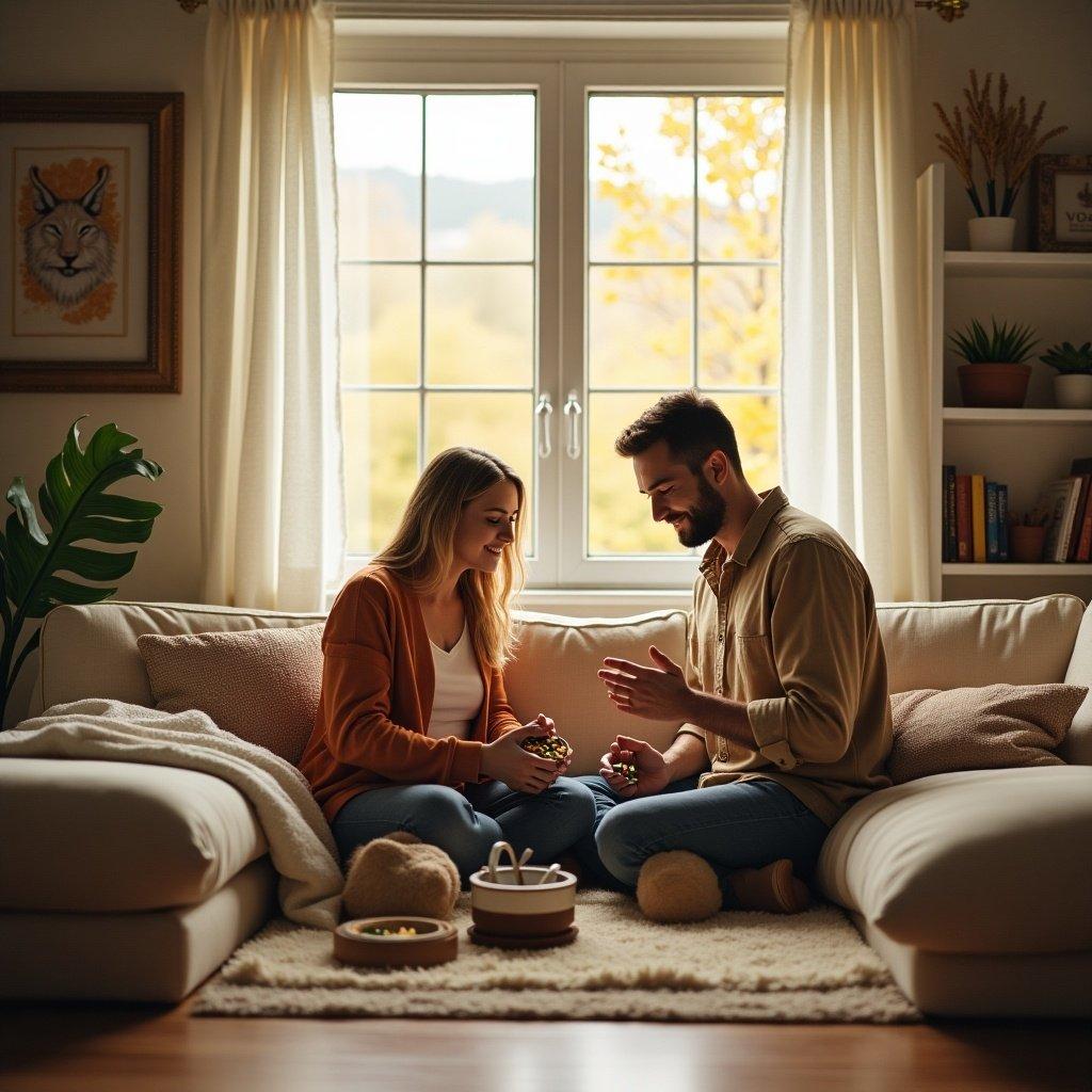 A couple sitting together in a cozy living room. They are engaged in an activity, sharing ideas and close to each other. Natural light filters through a window. The space has a warm and inviting decor with plants, cushions, and a comfortable sofa.