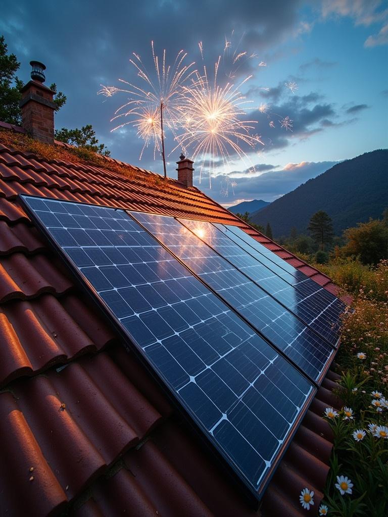 Depict solar panels on a roof during New Year celebrations. Fireworks explode in the background. Capture a festive atmosphere with an emphasis on sustainable energy.