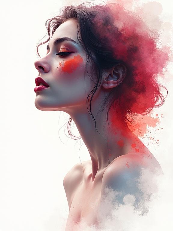 Portrait of a woman in profile with watercolor effects. Flowing colors surround the subject. Emphasizes beauty and artistic expression.