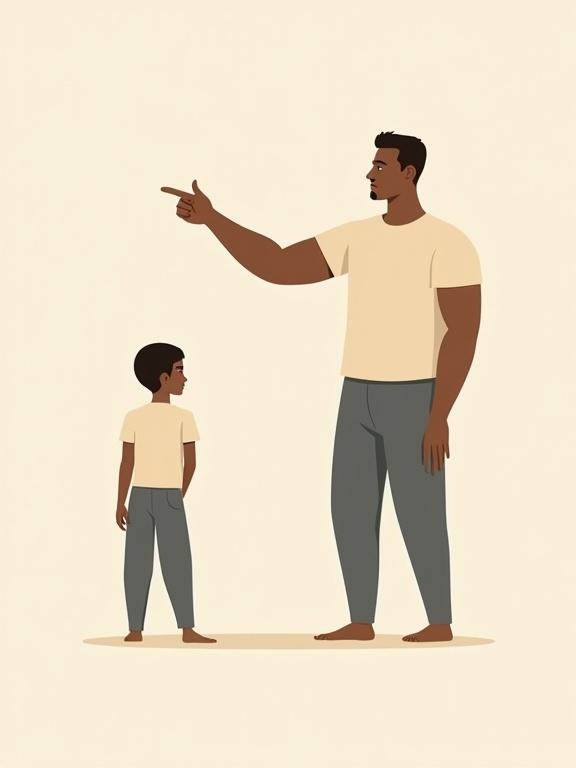 Adult pointing finger to the right. Four-year-old kid mimicking gesture. Minimalist flat vector illustration style. Diverse faceless human characters. Abstract body types with prolonged limbs and squat bodies. Simplified clothing in neutral colors. Clean shapes and sharp color blocking. Playful and expressive postures.