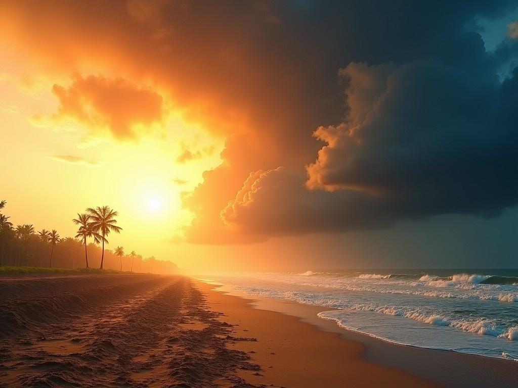 This image captures a serene beach scene during sunset in Bangladesh. The sky is a dramatic mix of oranges and blues, with dark clouds gathering. The ocean waves gently wash onto the sandy shore, while palm trees line the coast. This scene reflects the natural beauty of Bangladesh’s coastal regions. The interplay of light and shadow adds depth to the landscape, making it an enticing view for anyone appreciating nature's artistry. It evokes feelings of peace and wonder at the power of nature.