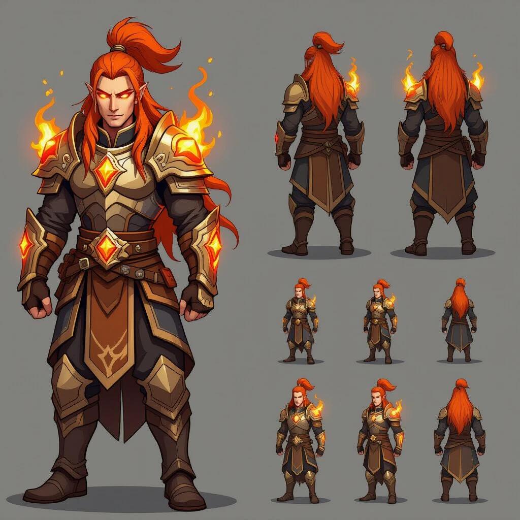 Depict a male fantasy warrior character. Character has long orange hair. Character wears elaborate armor glowing with fiery gems. Character represents fire element. Character showcased in multiple dynamic poses. Minimal background highlights the character design. Art style is cartoonish yet detailed.