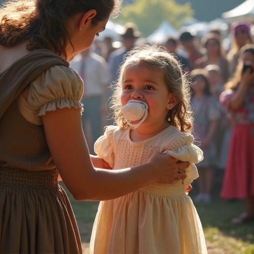 Mother playfully interacts with her daughter. Daughter holds an oversized pacifier. Scene captures the essence of a historical festival. Brightly colored costumes all around. Background filled with animated festival-goers. Child acts out a playful scenario.