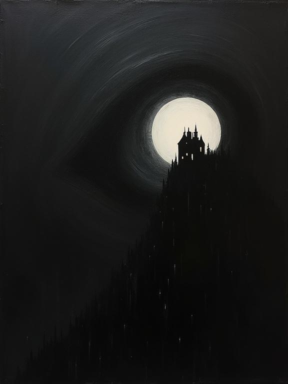 Rough oil painting with a dark background. A giant silhouette eye with a cosmic void appears in the top right corner. A shadowy rural town silhouette rises from the bottom towards the eye. The title 'That Familiar Static' and 'H. Bellerose' written in a distorted style between them.