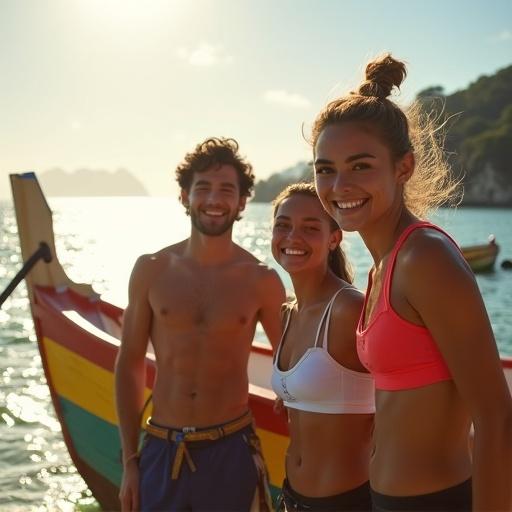 Cheerful young people gather near a colorful wooden boat at the beach. They smile and enjoy each other's company under the midday sun. The ocean sparkles in the background, creating a vibrant atmosphere.