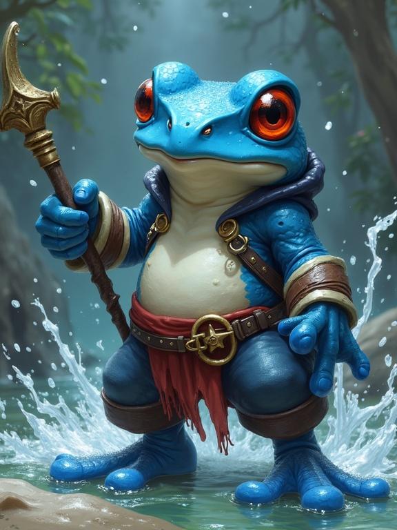 A humanoid blue frog with a white stomach in a dynamic pose. Dressed in pirate clothing with a staff, demonstrating water magic. Features a very long tongue and two toned skin. Style inspiration from D&D and fantasy themes.