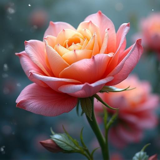A close-up digital illustration of a vibrant flower combining soft pink and peach hues with green leaves. The flower showcases intricate petals and a gently glowing effect.