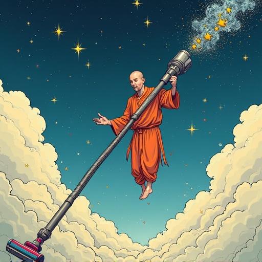A Zen monk in a tracksuit vacuums dark clouds. Cosmic Dyson vacuum attracts stars and crystals. Cartoonish style and comical energy-cleansing concept. Uses soft pastel colors.