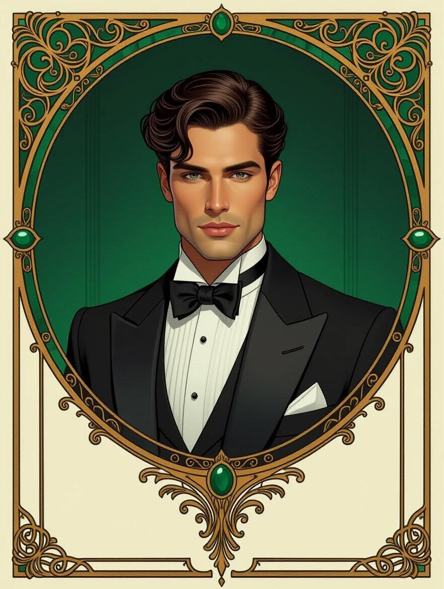 An oil portrait of a beautiful brunette haired tanned man in ornate modern formalwear. The gentleman is presented in a dim mansion room with an emerald color scheme. The overall tone is dark and mysterious. An art nouveau border frames the composition.