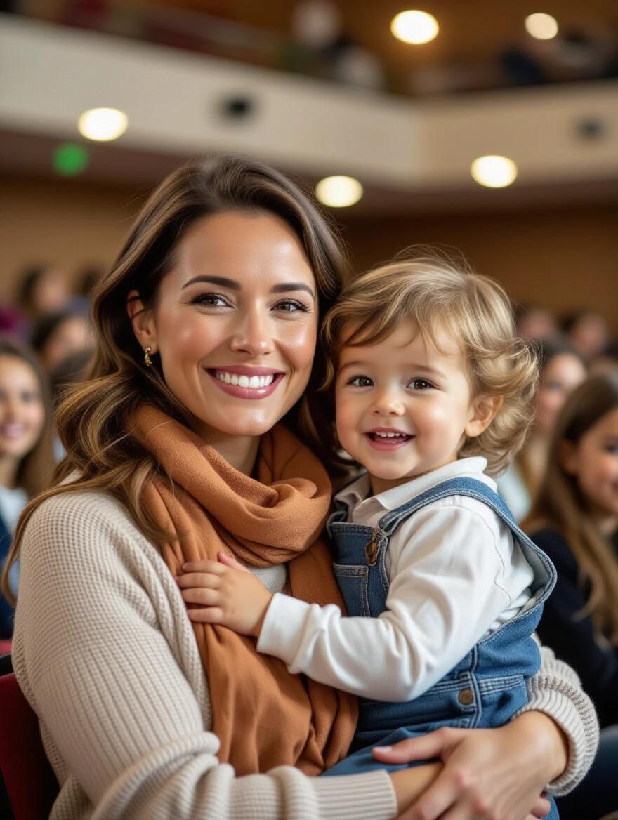 Mother and child at a school presentation. Both smile with pride. Natural auditorium setting with soft lighting. Professional photography style. Focus on the bond and achievement.