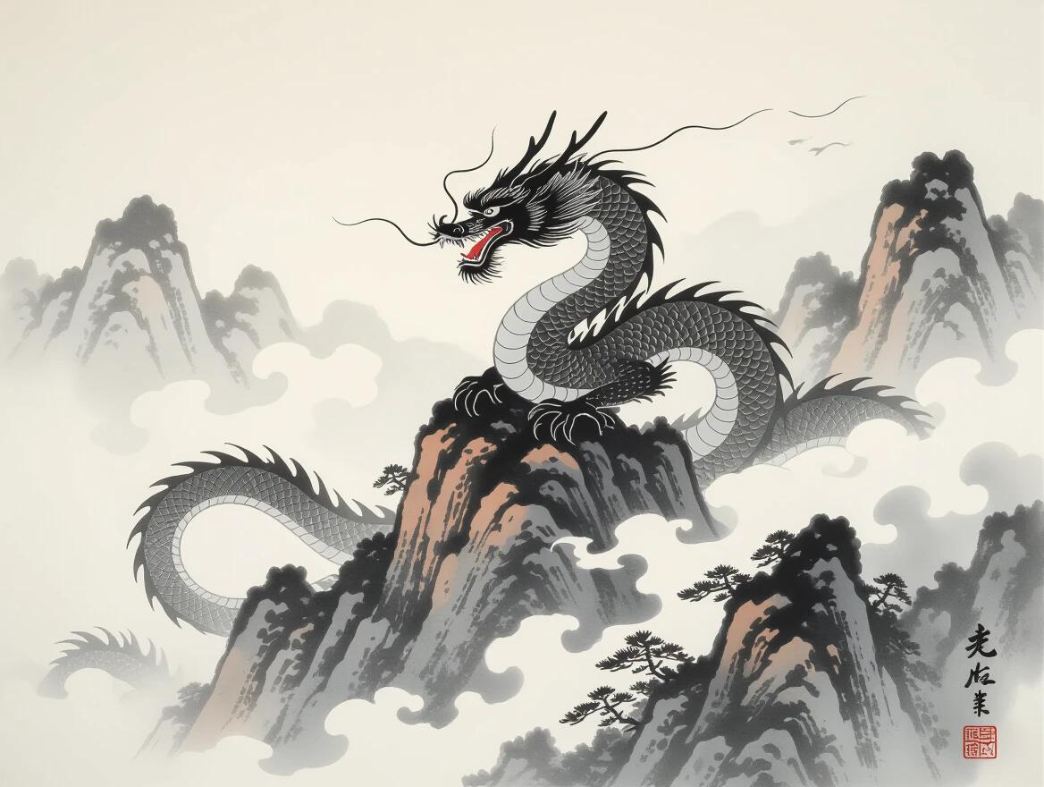 A traditional Sumi-e ink wash portraying an Eastern dragon on a mountain peak. Deep blacks and whites create contrast. The dragon coils gracefully with flowing whiskers. Mist surrounds the mountain.