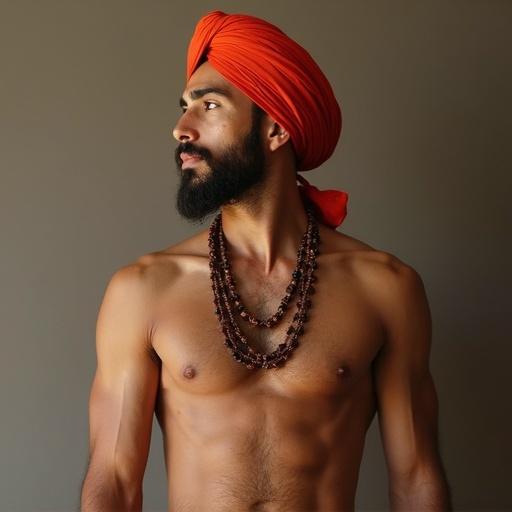 AI-generated avatar of a young man with a fit body wearing a wattan vali pagg and traditional necklace. Profile view showcasing the turban's details and cultural significance.