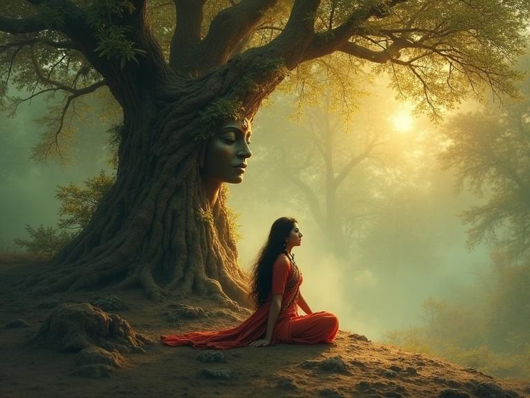 Goddess Parvati performing penance beneath a magical wish-fulfilling tree. A girl created from the tree named Ashokasundari. Serenity and beauty in a mystical forest setting with soft lighting.