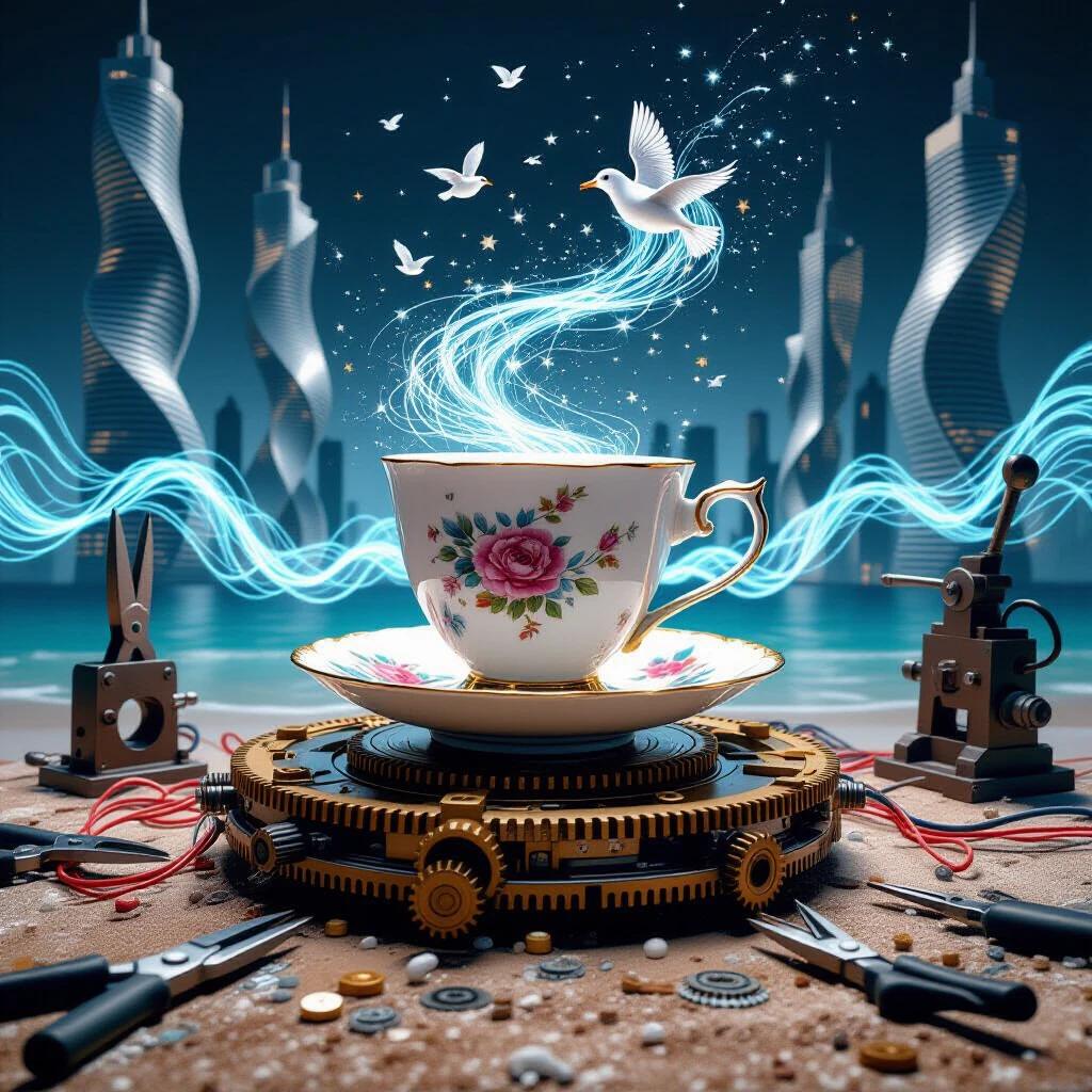 Teacup on a table. Toys on a beach. Cyber seagulls made of intertwined metallic wires and twisted cables dance on a stage. Stage crafted from industrial metalworking tools. Pliers wire cutters gears and hydraulic presses. Etherium energy waves create spatial distortions. Skyscrapers warp into organic curves. Ultra-detailed side-view portrait.