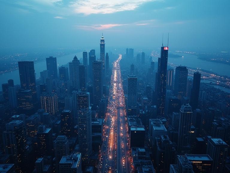 Aerial shot of a city during the day with a dark blue halftone filter applied. Cityscape features prominent skyscrapers and a highway lined with lights.