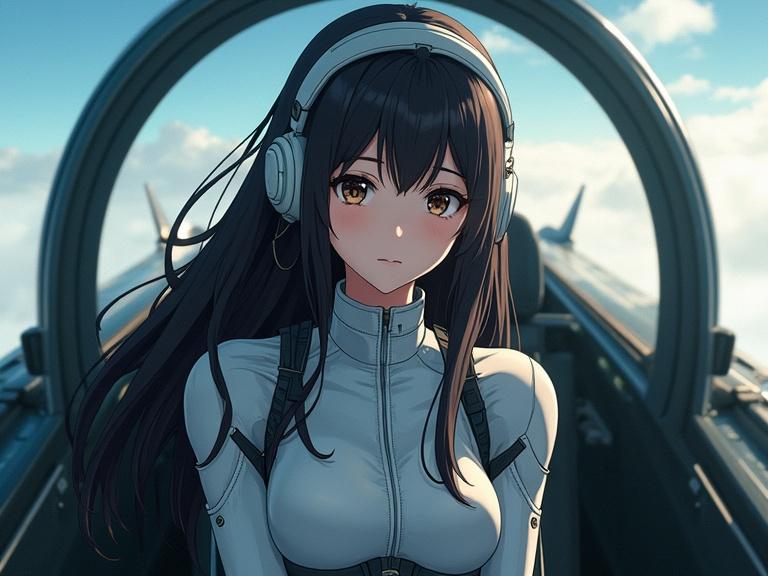 Cybernetic woman inside an air fighter cockpit with headphones. Anime style illustration with a futuristic theme. Character has long dark hair and expression that conveys focus and determination.