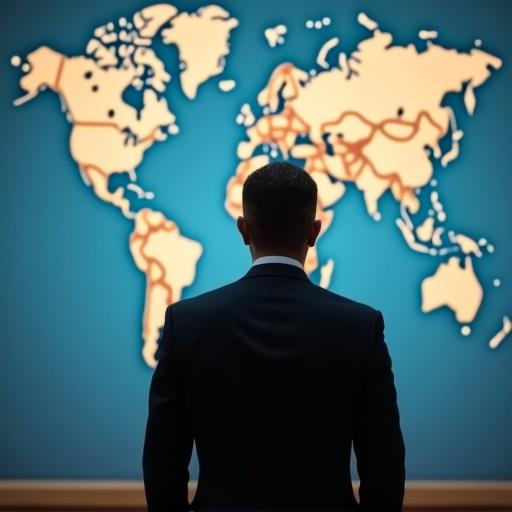 Back view of a man dressed in a formal suit standing and observing a world map displayed ahead. The map shows global locations and outlines. The setting conveys professionalism and strategy.