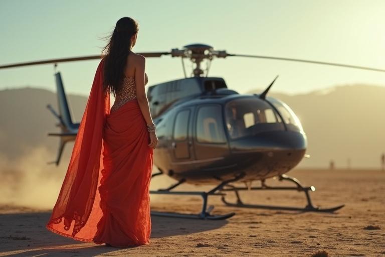 Girl in georgette saree stands in front of a private helicopter during sunset. The setting is warm and inviting, showcasing a blend of tradition and luxury.