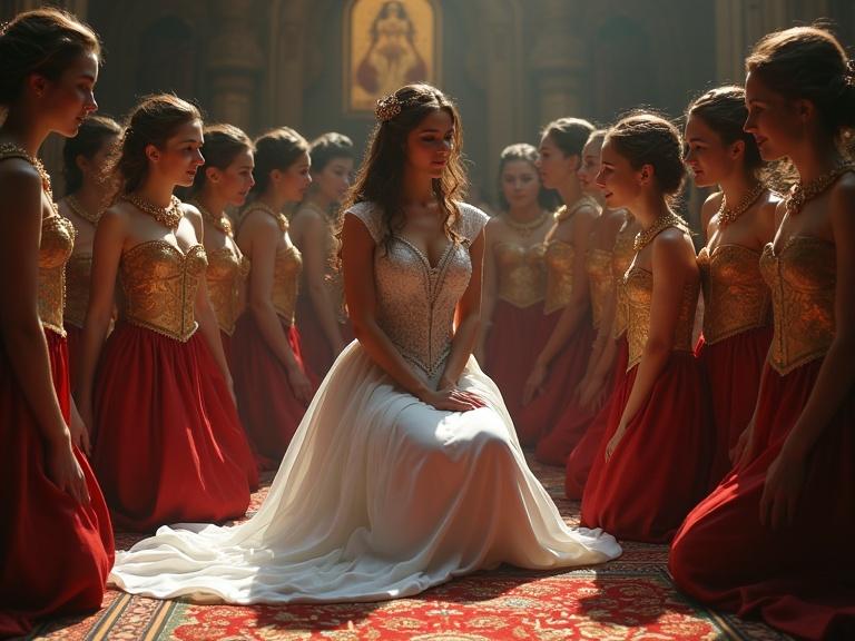 goddess empress in a grand setting surrounded by kneeling maids