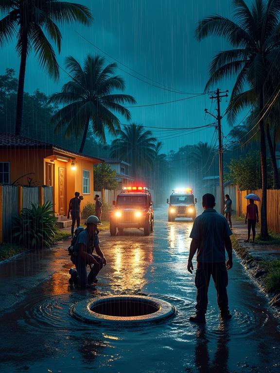 Emergency responders search in flooded street during tropical storm. Flashlights illuminate area. Rescuer kneels by open manhole. Others communicate on radios and set up barriers. Neighbors watch under umbrellas. Colorful houses in dim light and palm trees sway. Rain flows along the street.
