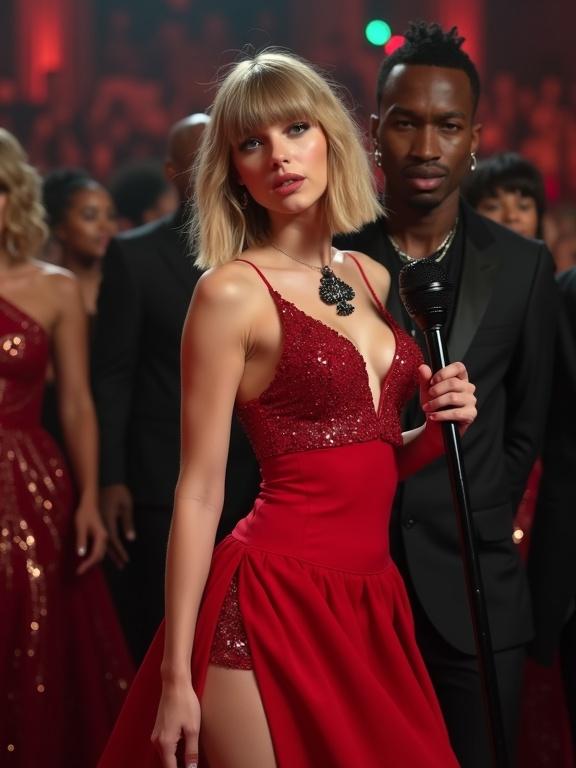 Photorealistic image shows a young woman in a red split style prom dress at the Grammy Awards. She has blonde bob hair, is holding a black microphone, and looks shocked. A large man beside her shows something on his phone. The background has a crowd in formal wear.