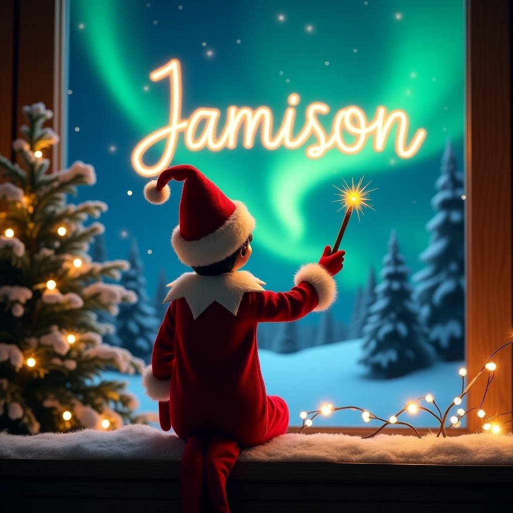 This image captures a charming Christmas scene. An elf dressed in red and white is turned away from the viewer. He is using a magic wand to write 'Jamison' in glowing script. The background features vibrant northern lights, creating a whimsical atmosphere. The setting emphasizes the festive spirit of Christmas.