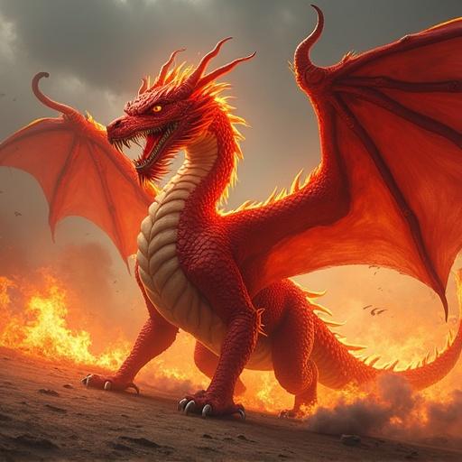 Large fire dragon depicted with flames and a fierce appearance. Wings are spread wide while standing on a rocky terrain. Background shows a fiery landscape.